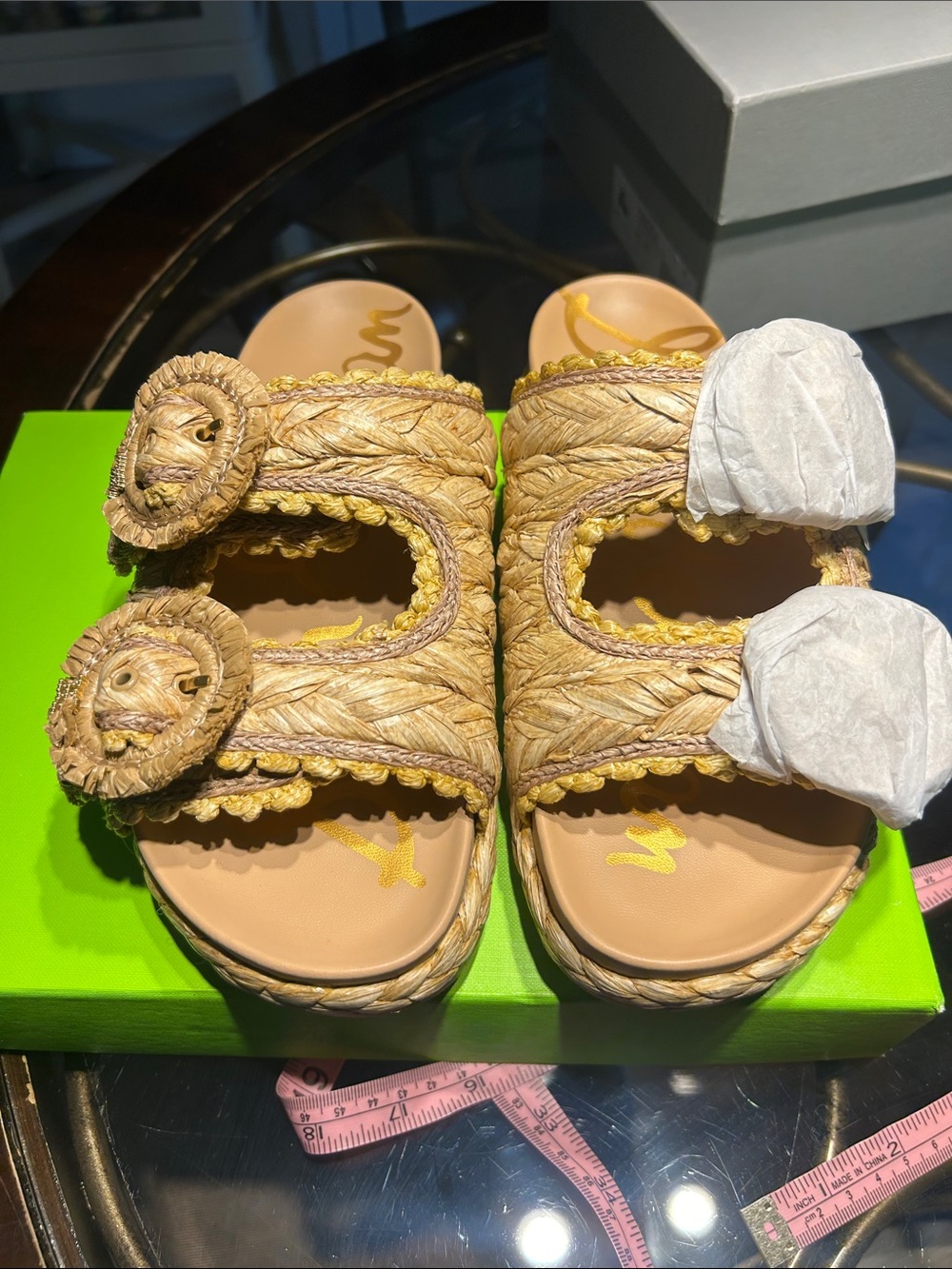 Sam Edelman new in box Natural Raffia Double-Buckle Slide Mules 7.5 - Picture 3 of 6